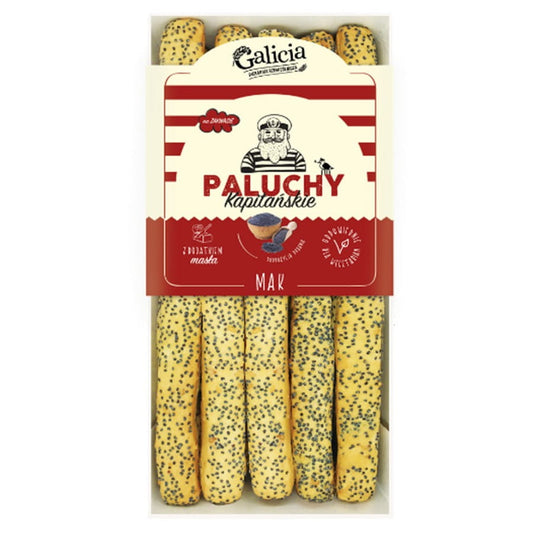 Mohnsamen in 130g Verpackung von GALICIA, Captain's Fingers, detailreiche Nahaufnahme der knusprigen Snacks