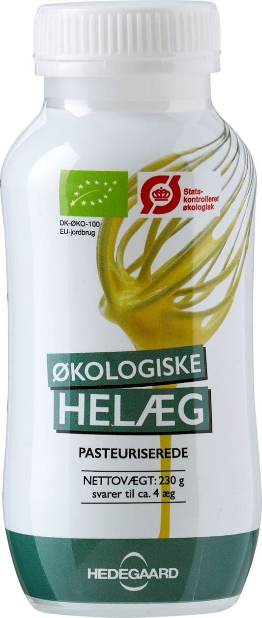 Flüssige ganze Bio-Eier von DAVA FOODS, 230 g, in einer transparenten Flasche, sichtbar mit Dosiereraufsatz.