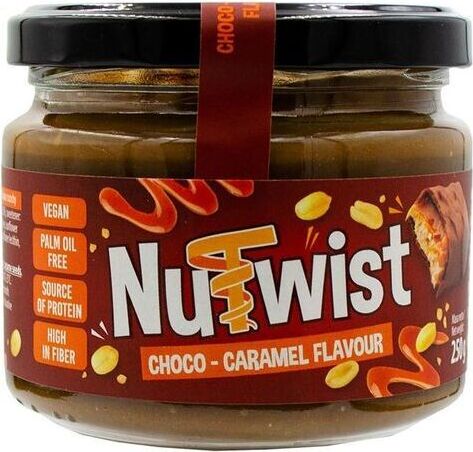 NUTWIST Schokoladencreme mit Karamell, 250g, cremige Textur in Glas mit goldener Beschriftung.