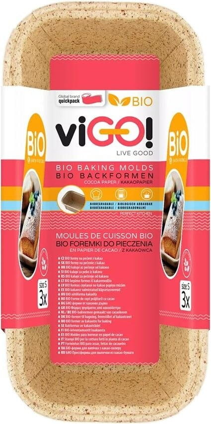 Drei biologisch abbaubare Kakao-Backformen Größe S von VIGO! für nachhaltiges Backen, abgebildet in der Aufnahme.