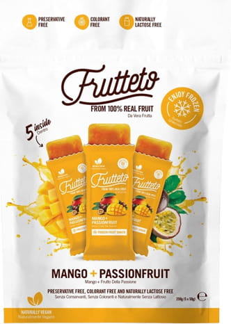 Gefrorenes Sorbeteis von FRUTTETO mit Mango- und Maracuja-Geschmack, 5 Stück à 50g, in der Verpackung.