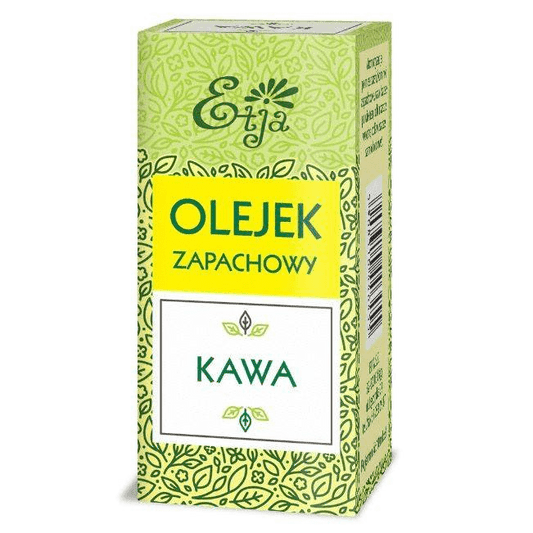 Duftöl Kaffee von ETJA in 10ml Flasche, zeigt die Verpackung mit Kaffeebohnen und aromatischem Duftöl.