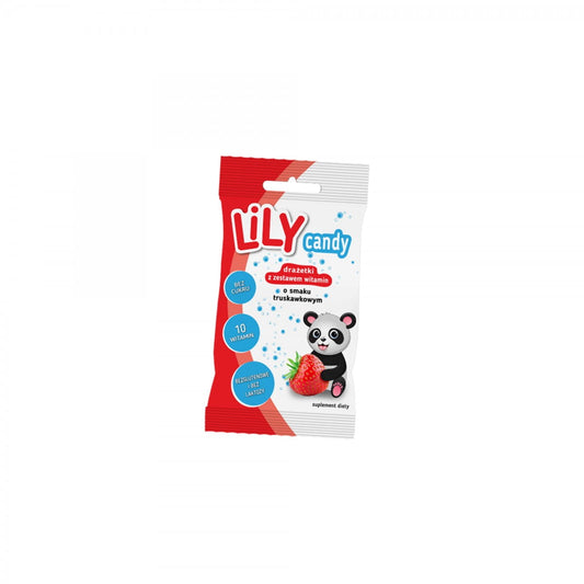 Bunte Erdbeergeschmack Dragees mit Vitaminen, 40 g, von Lily Candy, auf weißem Hintergrund.