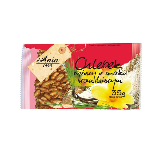 Reisbrot mit Vanillegeschmack, 35 g von ANIA, zeigt das gebackene Reisbrot mit Vanilinfirmen auf der Verpackung