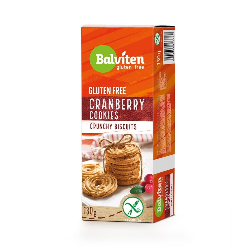 Glutenfreie Cranberry-Mürbekekse von BALVITEN, 130 g, knusprige Kekse mit Cranberries in einer Packung.