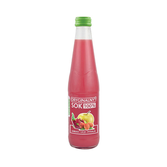 Apfelsaft mit Litschi Geschmack von BIURKOM FLAMPOL in 330 ml Flasche, frischer Fruchtsaft mit exotischem Aroma.