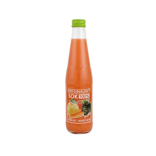 Bio Apfel-Karottensaft in 330 ml Flasche von BIURKOM FLAMPOL, frisch und 100% NFC, zeigt die Flasche mit Saft im Bild