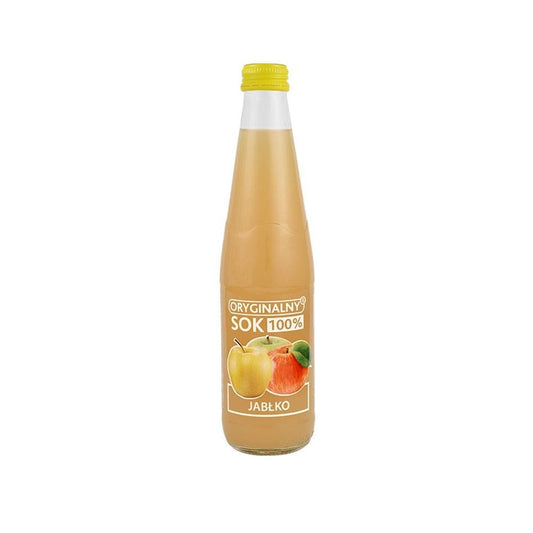 Frischer Apfelsaft 100 % NFC in 330 ml Flasche von BIURKOM FLAMPOL, klare Flüssigkeit mit Apfelstücken sichtbar