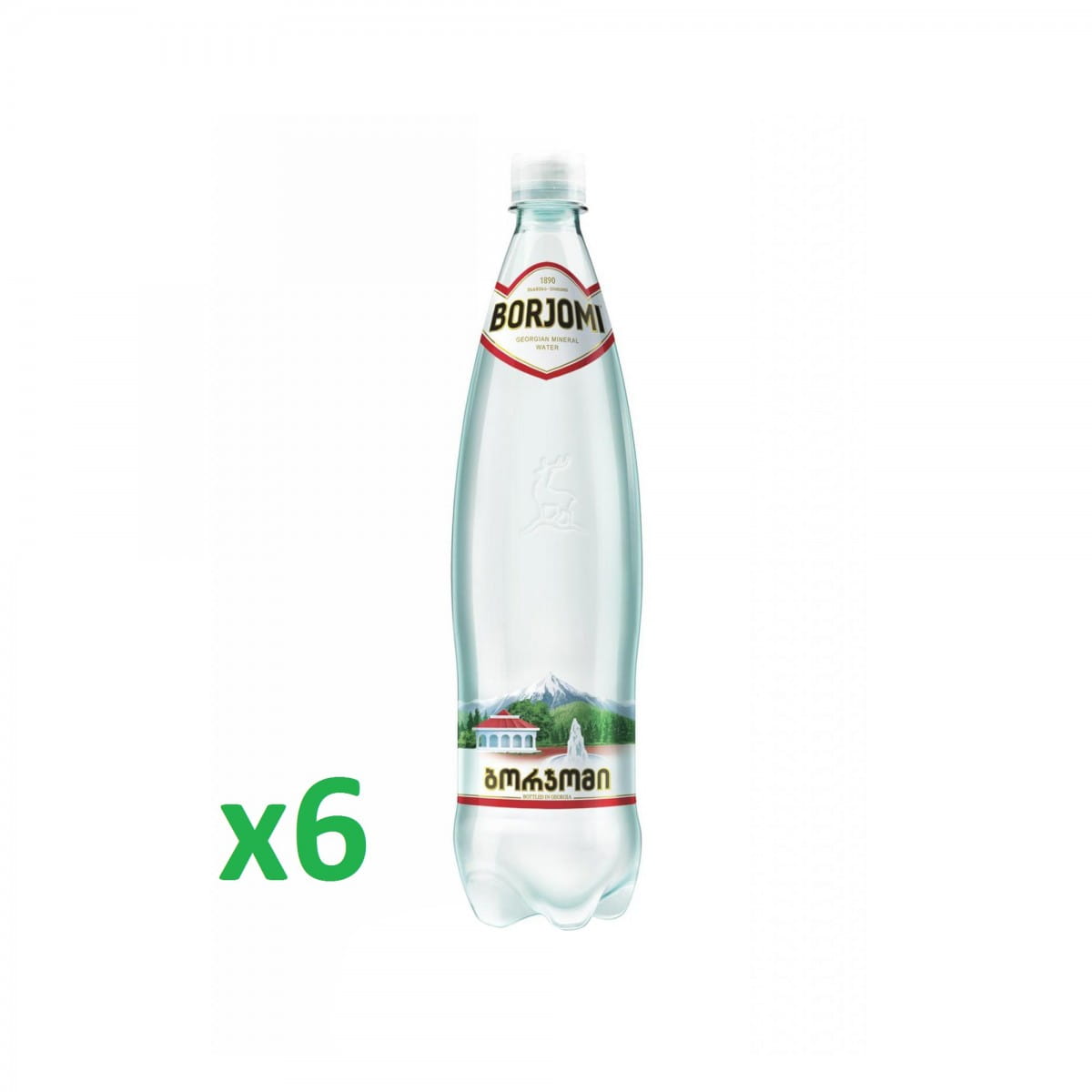 PET-Mineralwasser in Schrumpffolie, 1000 ml Flaschen, 6 Stück von BORJOMI, wassergefüllte Flaschen in transparentem Schutz.