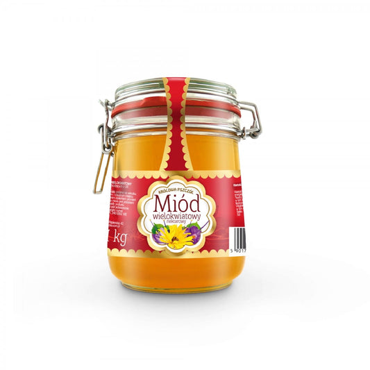 Blütennektarhonig in 1 kg Verpackung von CD S.A., goldene Farbe und cremige Konsistenz, Nahaufnahme des Honigs.