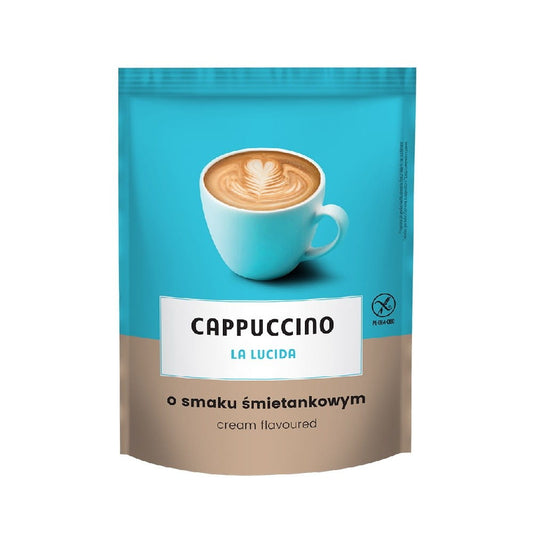 Cappuccino mit Sahnegeschmack, 100 g, CELIKO, Nahaufnahme des Verpackungsdesigns und des Kaffees in einer Tasse