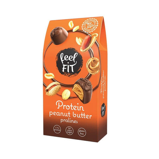 Fein gestaltete FEEL FIT Pralinen mit Erdnussbutter, 66 g, in einer eleganten Verpackung.