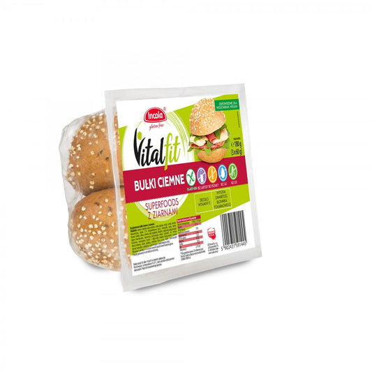 Dunkle, glutenfreie Körnerbrötchen von GFS POLAND, 180 g, frisch gebacken, mit knuspriger Kruste und Körnern verziert.