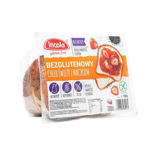 Frisches, glutenfreies und laktosefreies Brot mit Teig von GFS POLAND, 350 g, auf einem Holztisch.