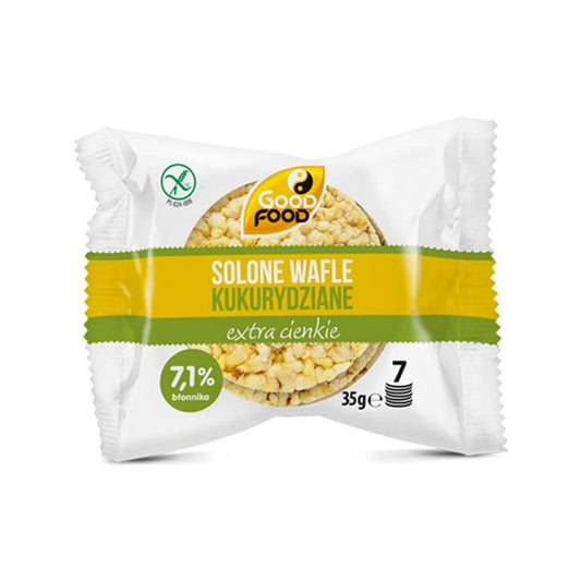 Extra dünne, gesalzene Maiswaffeln von GOOD FOOD PRODUCTS, 7 Stück im Bild, knusprig und goldbraun.