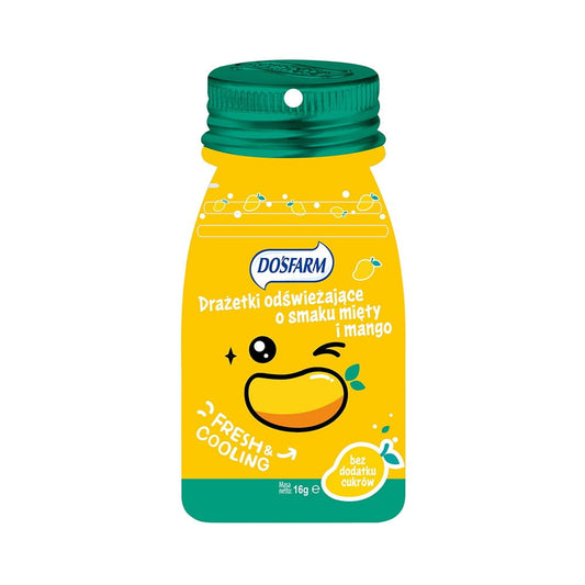 Erfrischende Minze- und Mango-Dragees von GUANGDONG XINLE FOODS in 16 g Packung, mit grünen und orangen Dragees.