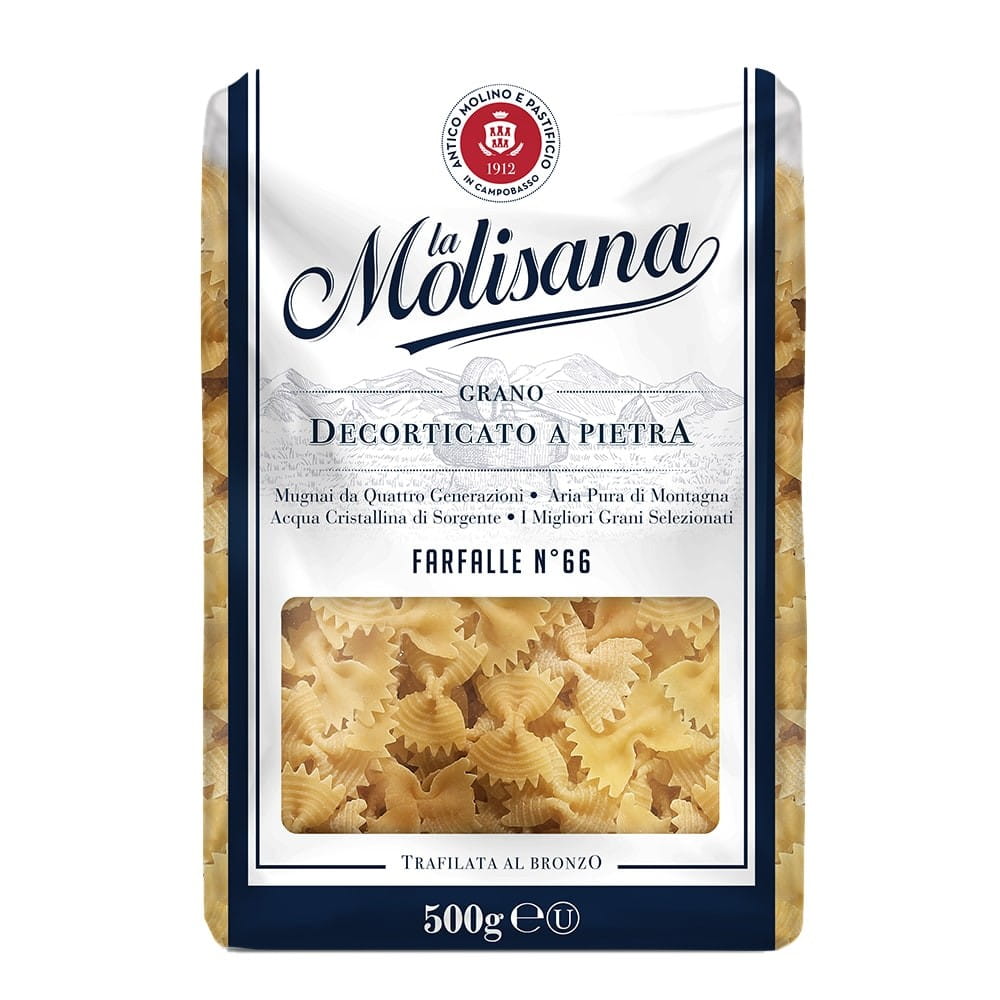 Farfalle Rigate Nr. 66 Nudeln von LA MOLISANA, 500 g Packung, trockene Pasta mit geriffelten, bogenförmigen Nudeln.