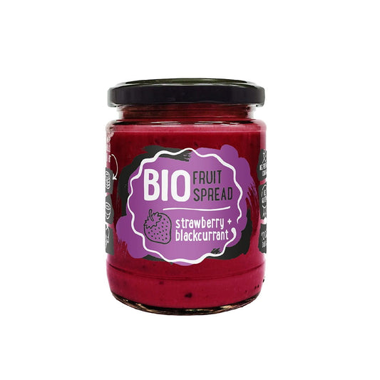 Bio Fruchtcreme Erdbeere und schwarze Johannisbeere von LAT EKO FOOD, 245 g, cremige Fruchtmischung in Glasdose.