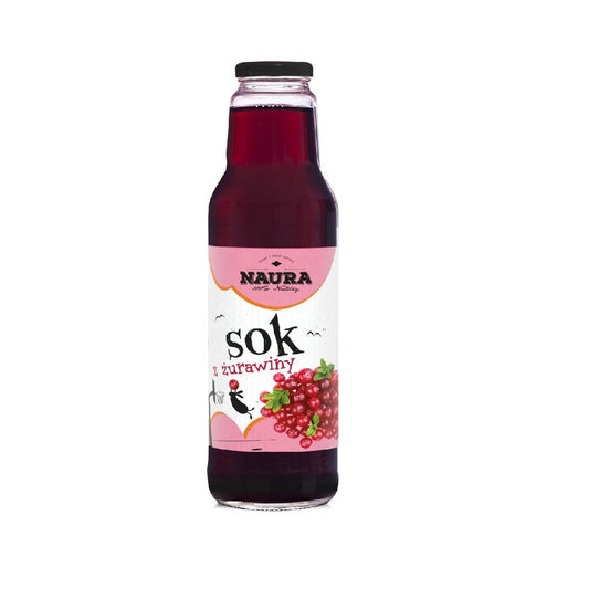 Cranberrysaft in 750 ml Flasche von NAURA, dunkle rote Farbe, zeigt die Flasche mit Cranberrysaft im Bild