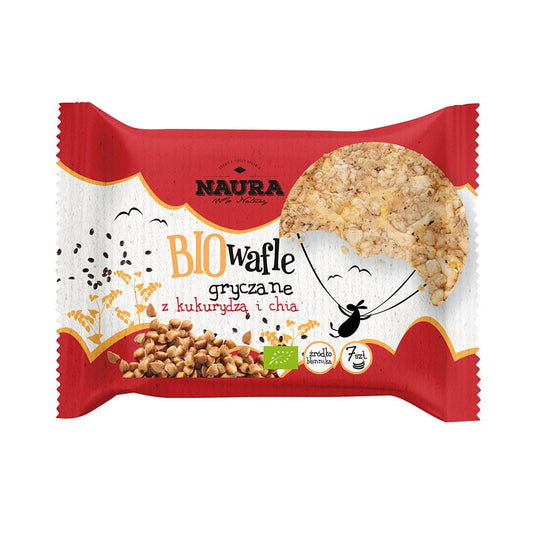 Buchweizenwaffeln mit Mais und Chia von NAURA, 27 g, BIO, knusprige Waffeln auf einem Teller.