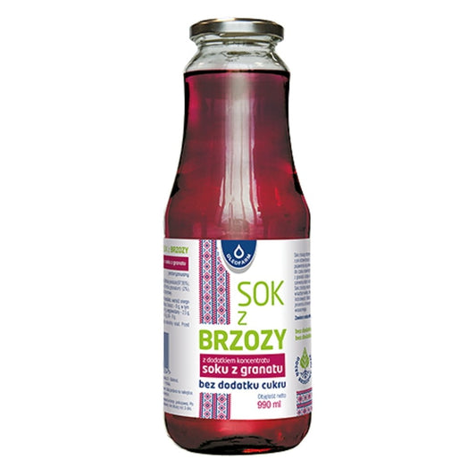 Birkensaft mit Granatapfelsaftkonzentrat in 990 ml Flasche von OLEOFARM, klarer Saft mit fruchtigem Duft