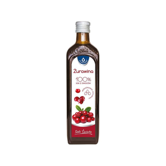 Cranberrysaft 100% in 490 ml Flasche von OLEOFARM, dunkelroter Saft in transparentem Glasflasche, fruchtiges Cranberry-Getränk