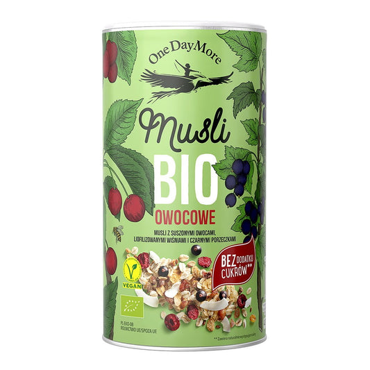 Bio-Fruchtmüsli von ONEDAYMORE, 400 g, mit getrockneten Früchten und Haferflocken, in einer offenen Verpackung sichtbar