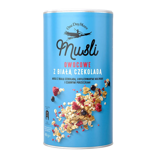 Früchtemüsli mit weißer Schokolade von ONEDAYMORE, 400 g, zeigt eine Schüssel mit buntem Müsli und weißen Schokoladenstücken.