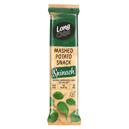 Knusprige Kartoffelchips mit Spinatgeschmack, 75 g, von PERNES LTD, in einer offenen Packung.