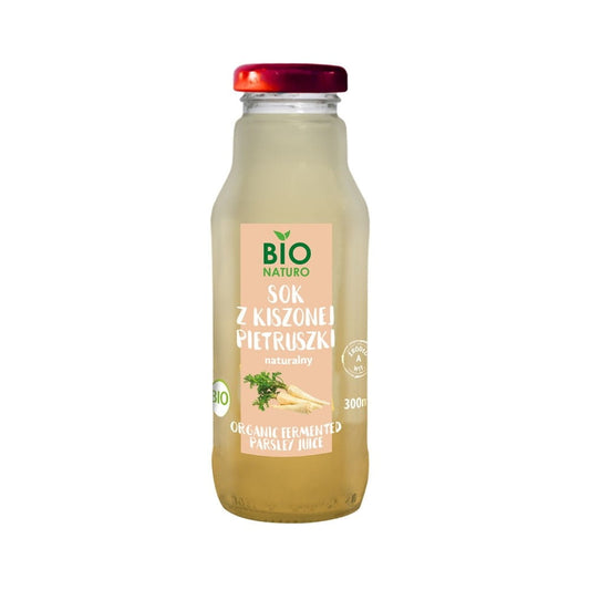 Natürlich eingelegter Petersiliensaft BIO in 300 ml Flasche von BIONATURO, grüne Petersilienblätter in Glasflasche sichtbar
