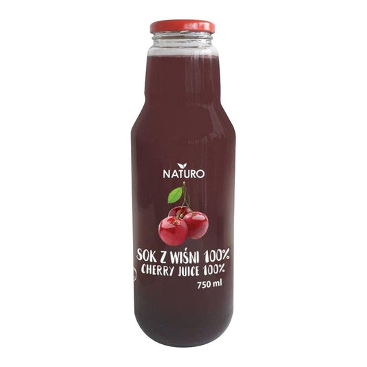 Heller Kirschsaft 100% in einer 750 ml Flasche von NATURO, klar und frisch, mit Kirschfrüchten und natürlicher Farbe sichtbar