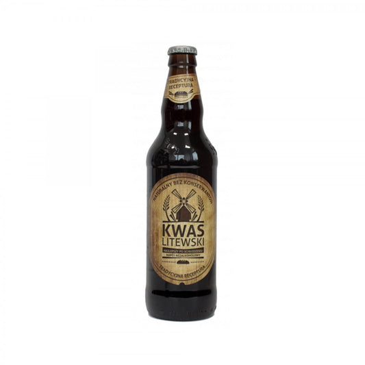 Litauischer Kwas in 500 ml Flasche von POLBIOECO, naturbelassenes fermentiertes Getränk, sichtbar in der Flasche.