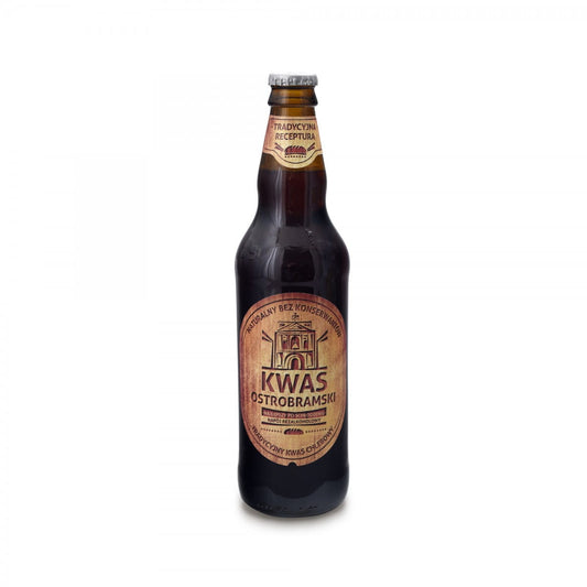 Flasche Kwas Ostrobramski 500 ml von POLBIOECO, biologisches fermentiertes Getränk in einer transparenten Flasche.