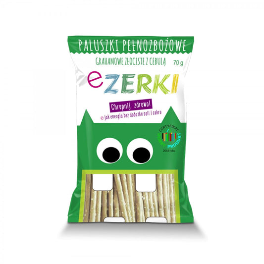 Graham Sticks mit Zwiebel, 70 g, von PROSTO GROUP, knusprige Zwiebel-Graham-Cracker auf weißem Hintergrund