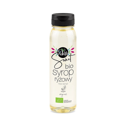 Bio Reissirup von REVITO in 250 ml Flasche, flüssiger Süßstoff mit natürlichem Reissirup-Design, braune Flüssigkeit in Glasflasche
