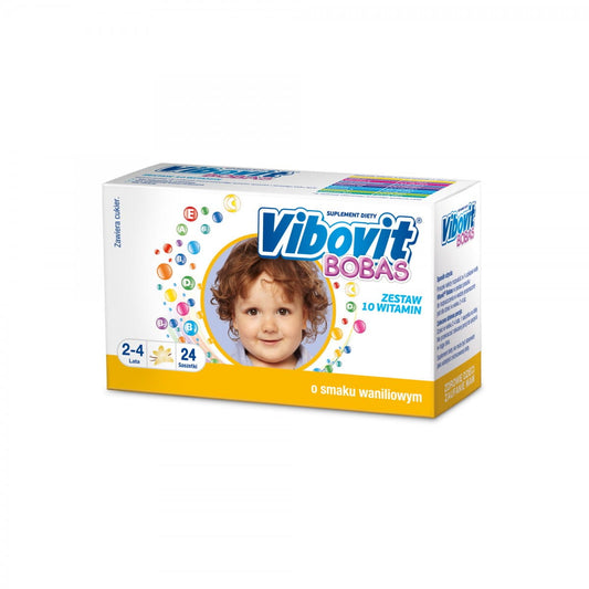 Baby mit Vanillegeschmack in einem VIBOVIT Beutel von TEVA, Nahaufnahme der Verpackung und Produktbeschreibung
