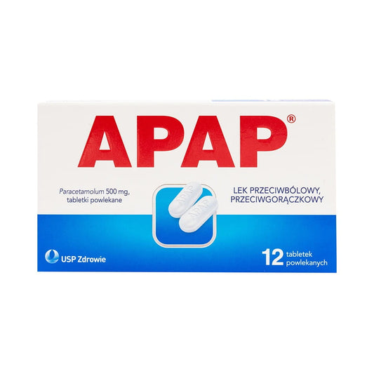 12 USP APAP-Tabletten in einer Packung, weiße Schmerztabletten mit glatter Oberfläche, auf weißem Hintergrund.