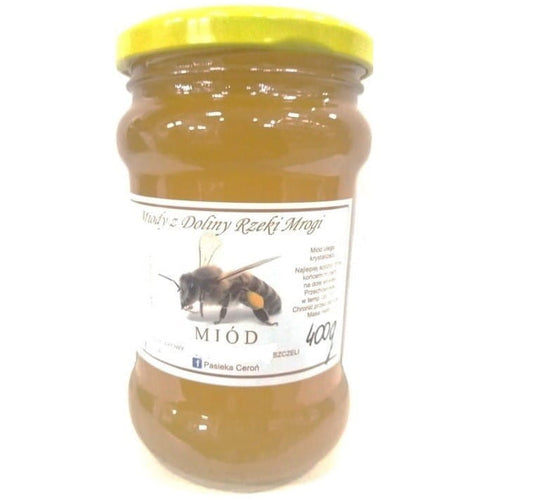 Buchweizenhonig in 400 g Glas von CEROŃ, dunkler Honig mit kräftigem Geschmack, Nahaufnahme des Honigglases.