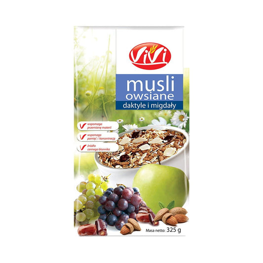 Dattel-Mandel-Hafermüsli von VIVI in 350 g Packung mit getrockneten Datteln, Mandeln und Haferflocken.