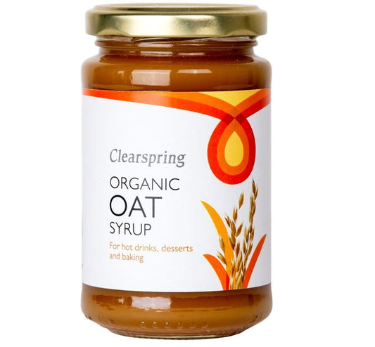 Bio-Hafersirup von CLEARSPRING in 300 g Flasche, helle und klare Flüssigkeit für Süßspeisen und Getränke.