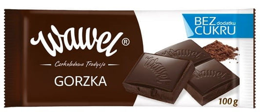 Dunkle Zartbitterschokolade ohne Zuckerzusatz von WAWEL, 90g, mit dunkler Schokoladenoptik und Verpackung.