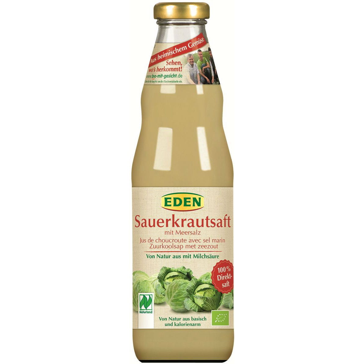 Bio Sauerkrautsaft mit Meersalz von EDEN in 750 ml Flasche, zeigt die klare Flüssigkeit und die Flasche mit Etikett.