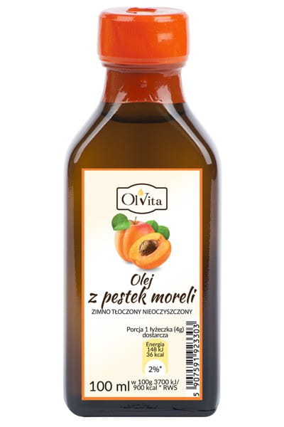 Kaltgepresstes Aprikosenkernöl in 100ml Flasche von OLVITA, Nahaufnahme der Flasche und des Öls.