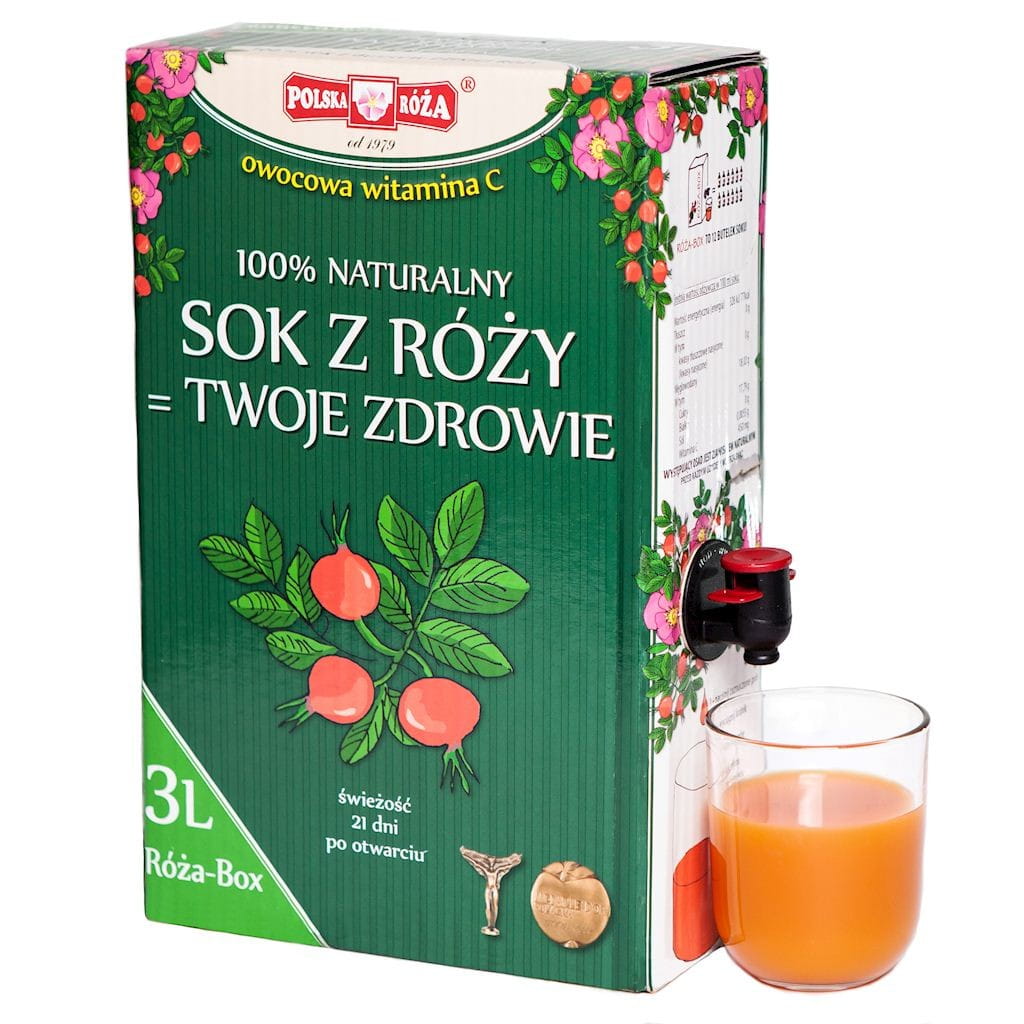 Verschlossene Rosenbox mit 3 Litern polnischer Rose Vitamin C Frucht, sichtbare frische Rosen in der Verpackung