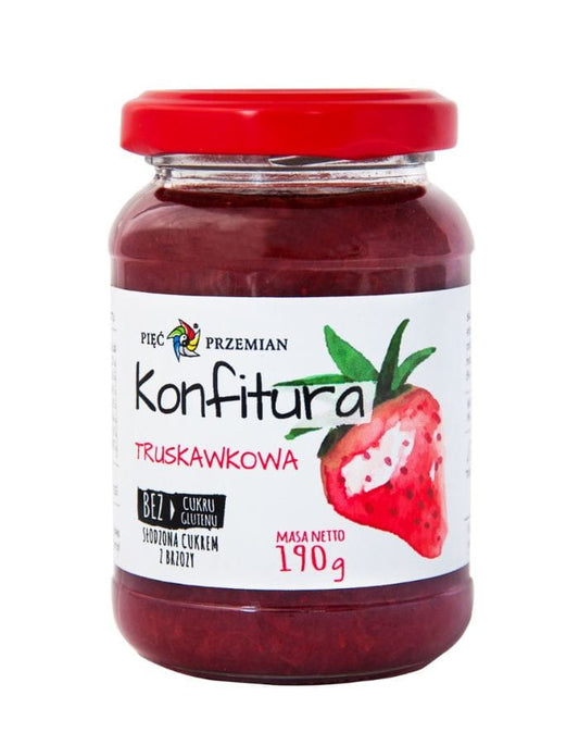 Erdbeermarmelade mit Xylit von PIĘĆ PRZEMIAN, 190g Glas, fruchtige Marmelade in einem transparenten Glas, frische Erdbeeren sichtbar