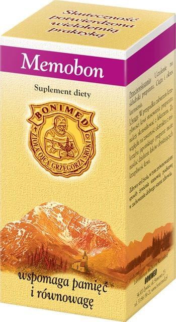 Bonimed Memobon 60 Kapseln, braune Flasche mit weißen Kapseln, Nahrungsergänzungsmittel auf weißem Hintergrund