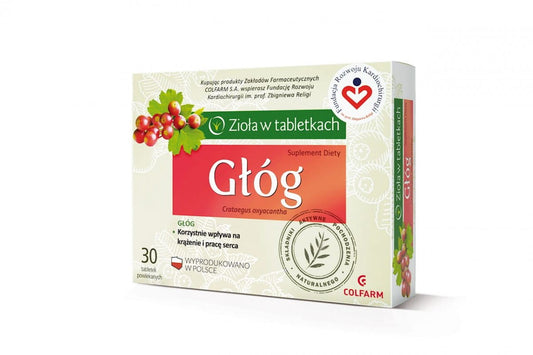 Weißdorn-Tabletten von COLFARM, 30 Stück, Nahaufnahme der Verpackung und Tabletten auf weißem Hintergrund