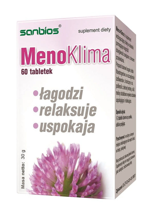 Meno Klimaanlage 60 Tabletten von SANBIOS, natürliche Unterstützung für das hormonelle Gleichgewicht, Verpackung und Tabletten sichtbar