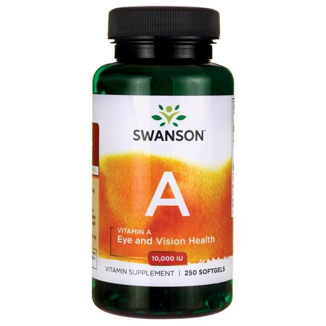 Vitamin A 10000 IU in 250 Gelkapseln von Swanson, helle Gelkapseln für Nahrungsergänzung, Nahaufnahme vor hellem Hintergrund