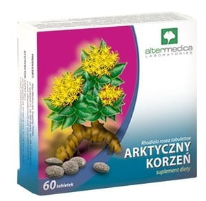 Arktische Wurzel Kapseln von ALTER MEDICA, 60 Stück, Nahaufnahme der Verpackung und Kapseln.
